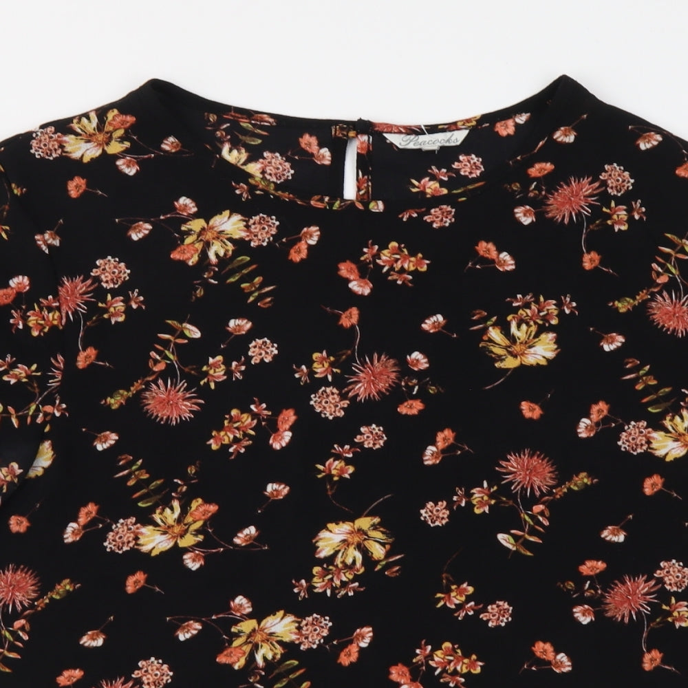 Peacocks Womens Black Floral Polyester Basic Blouse Size 18 Round Neck