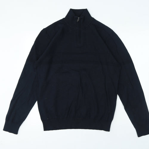 Mens Blue High Neck Herringbone Cotton Pullover Jumper Size L