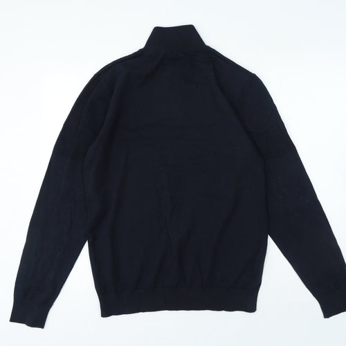 Mens Blue High Neck Herringbone Cotton Pullover Jumper Size L