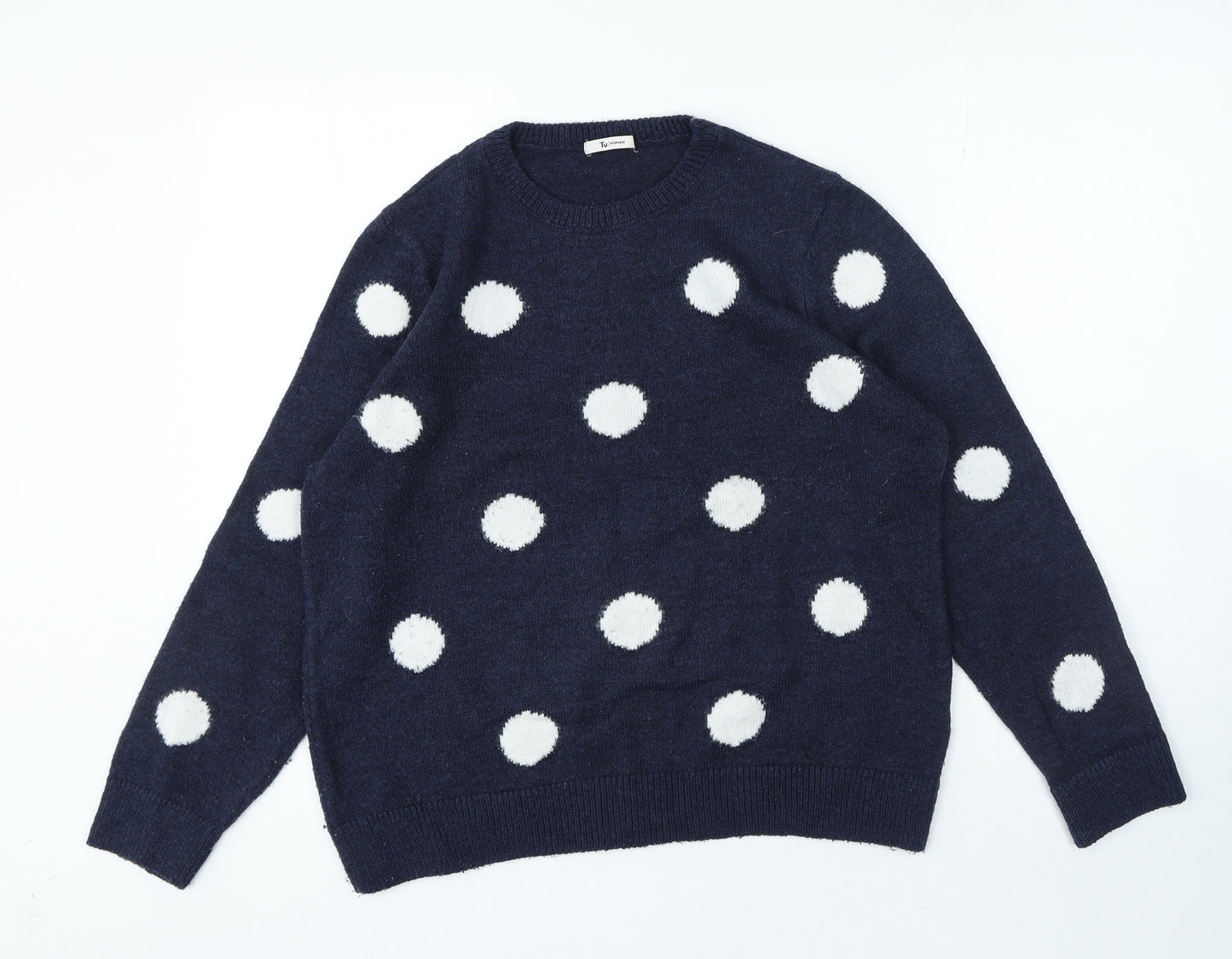 TU Womens Blue Round Neck Polka Dot Acrylic Pullover Jumper Size 16