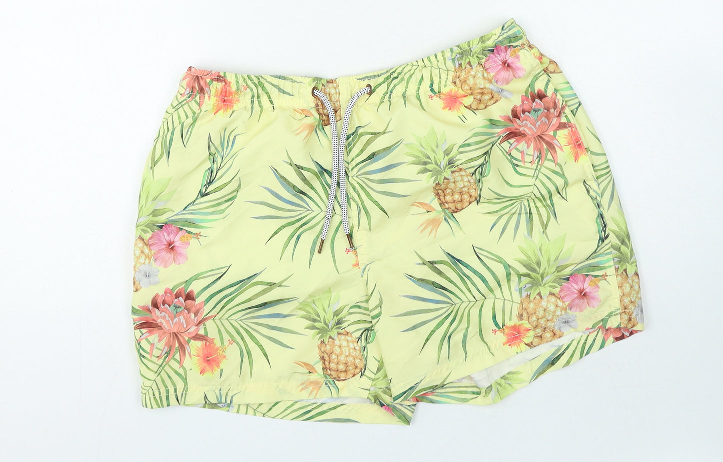 Primark Mens Yellow Floral Polyester Sweat Shorts Size M Regular Tie