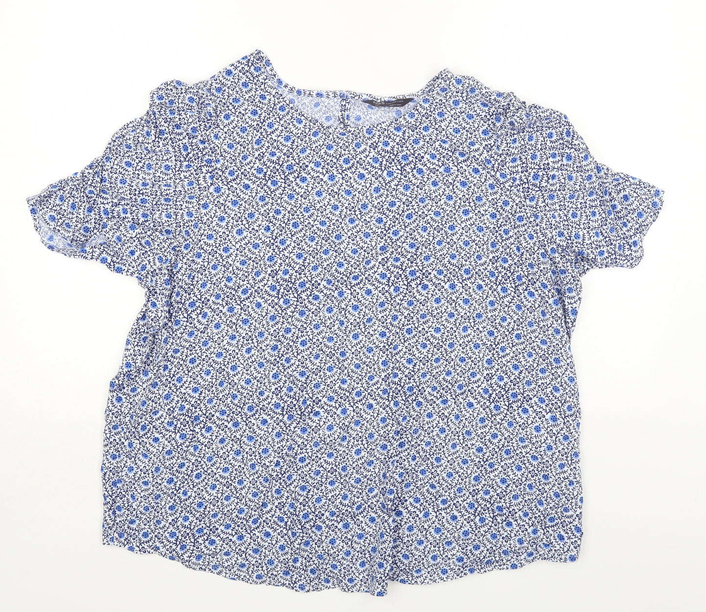 Marks and Spencer Womens Blue Floral Viscose Basic Blouse Size 20 Round Neck