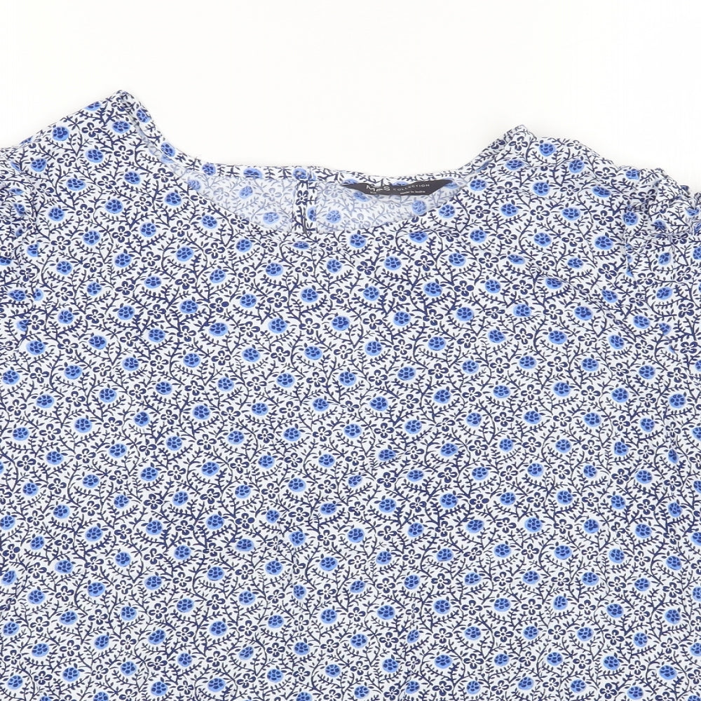 Marks and Spencer Womens Blue Floral Viscose Basic Blouse Size 20 Round Neck