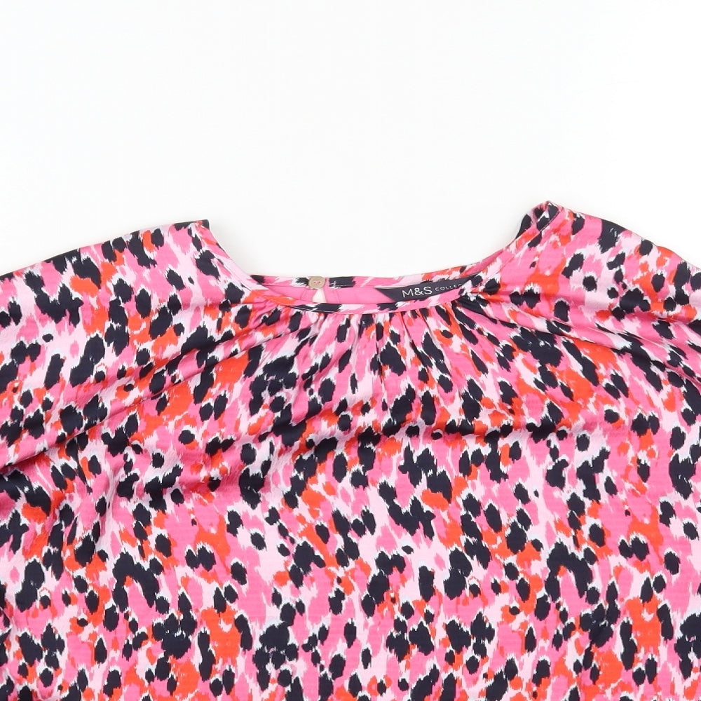 Marks and Spencer Womens Pink Animal Print Polyester Basic Blouse Size 14 Round Neck