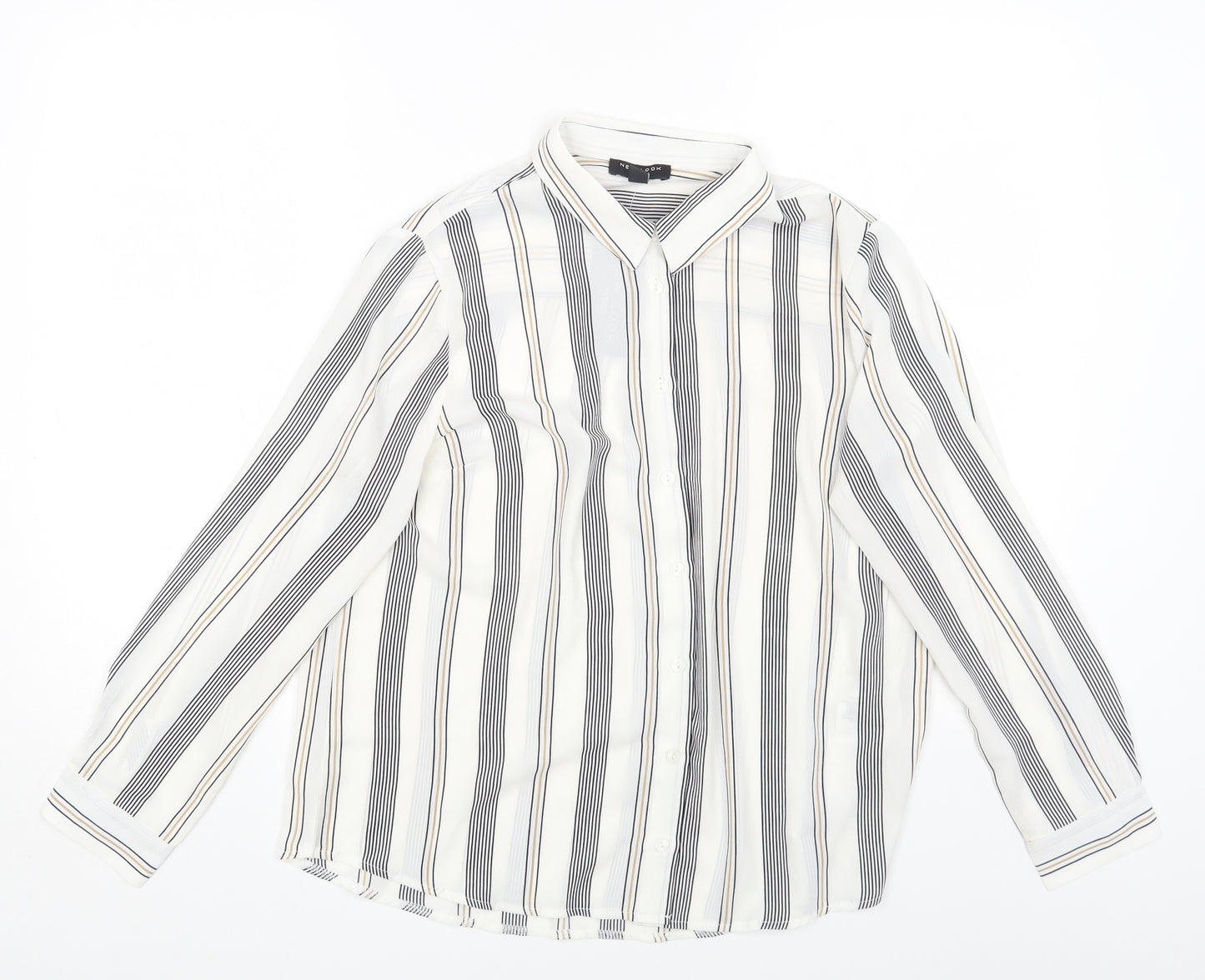 NEWLOOK Womens White Striped Polyester Basic Blouse Size 14 Collared