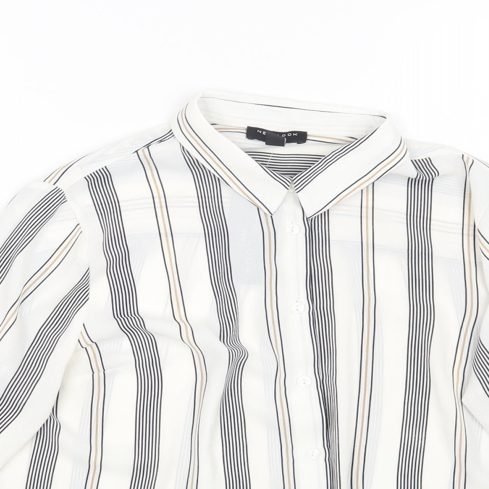 NEWLOOK Womens White Striped Polyester Basic Blouse Size 14 Collared