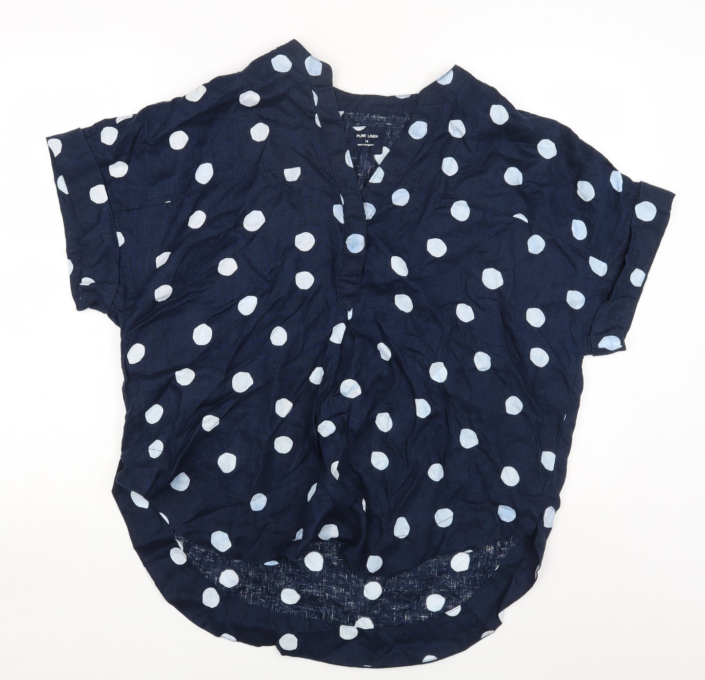 Per Una Womens Blue Polka Dot Linen Basic Blouse Size 16 V-Neck