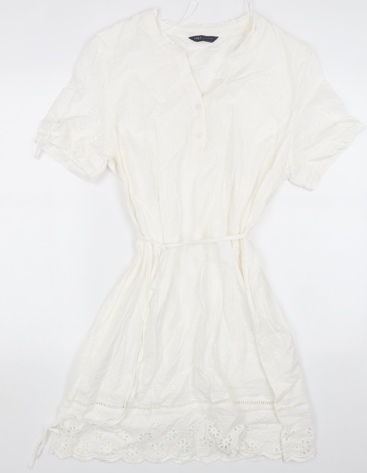 Marks and Spencer Womens White Floral Cotton Fit & Flare Size 18 V-Neck Drawstring