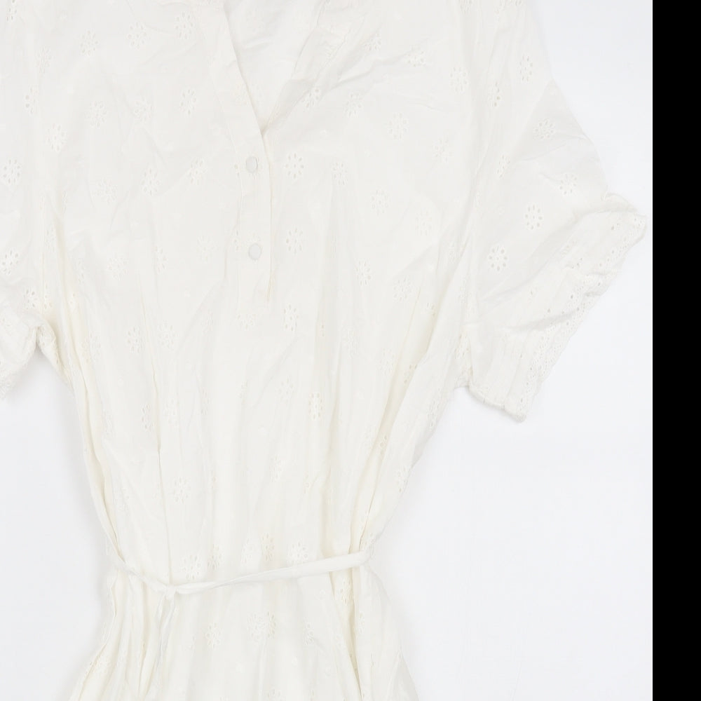 Marks and Spencer Womens White Floral Cotton Fit & Flare Size 18 V-Neck Drawstring