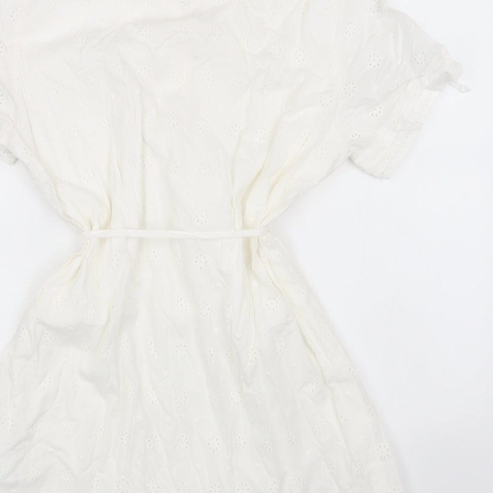 Marks and Spencer Womens White Floral Cotton Fit & Flare Size 18 V-Neck Drawstring