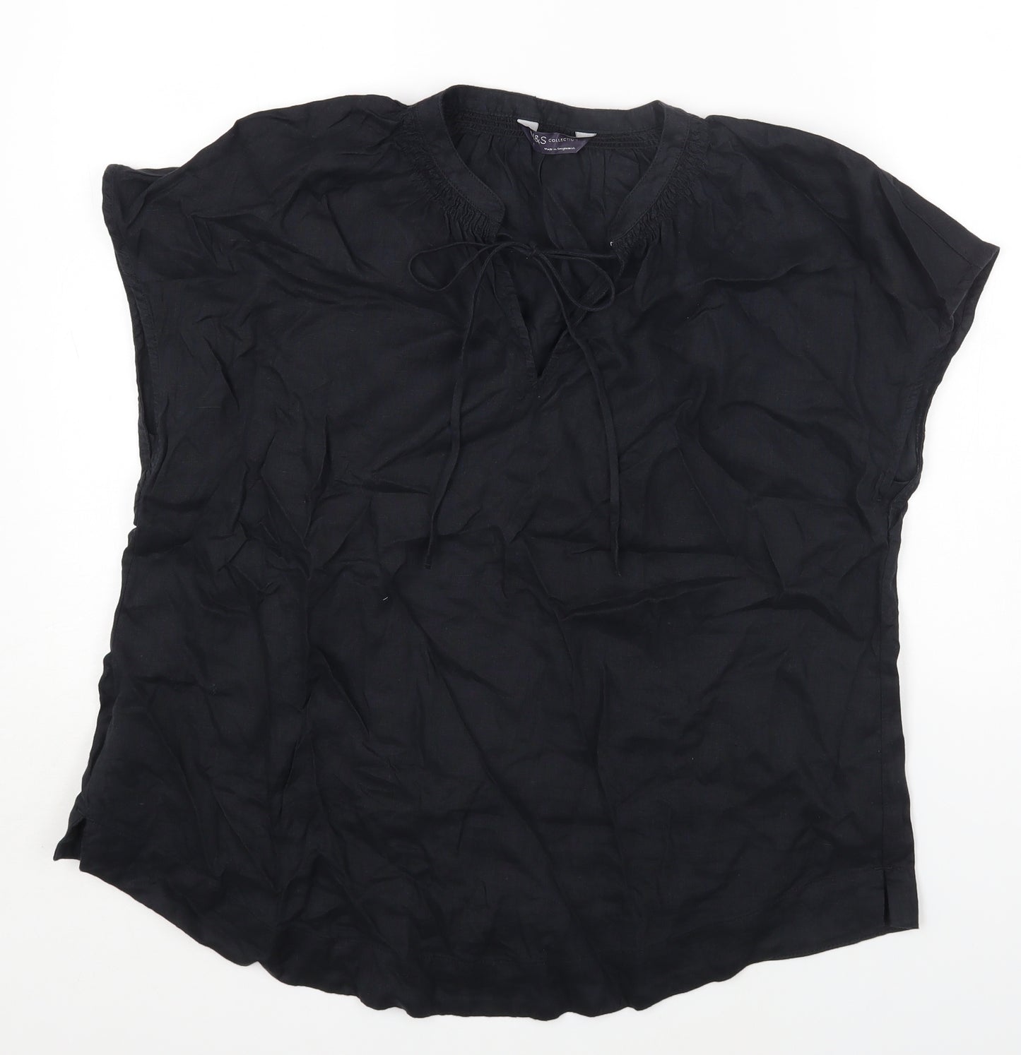 Marks and Spencer Womens Black Linen Basic T-Shirt Size 14 Round Neck