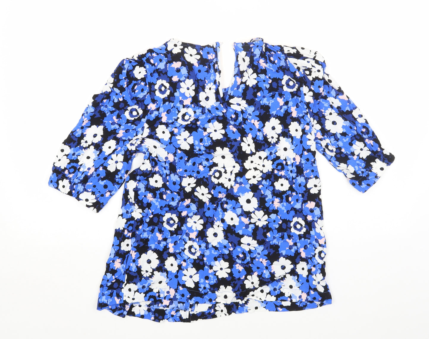 Marks and Spencer Womens Blue Floral Viscose Basic Blouse Size 8 Scoop Neck