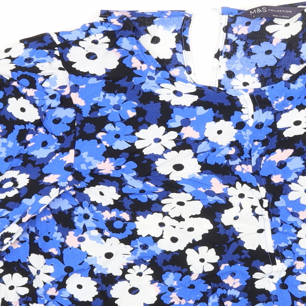 Marks and Spencer Womens Blue Floral Viscose Basic Blouse Size 8 Scoop Neck