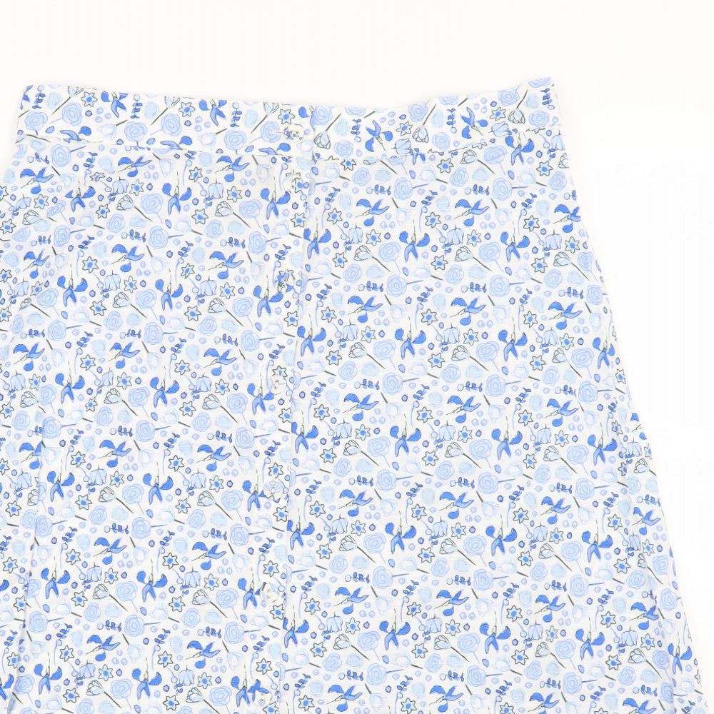 Marks and Spencer Womens Blue Floral Cotton A-Line Skirt Size 14 Button