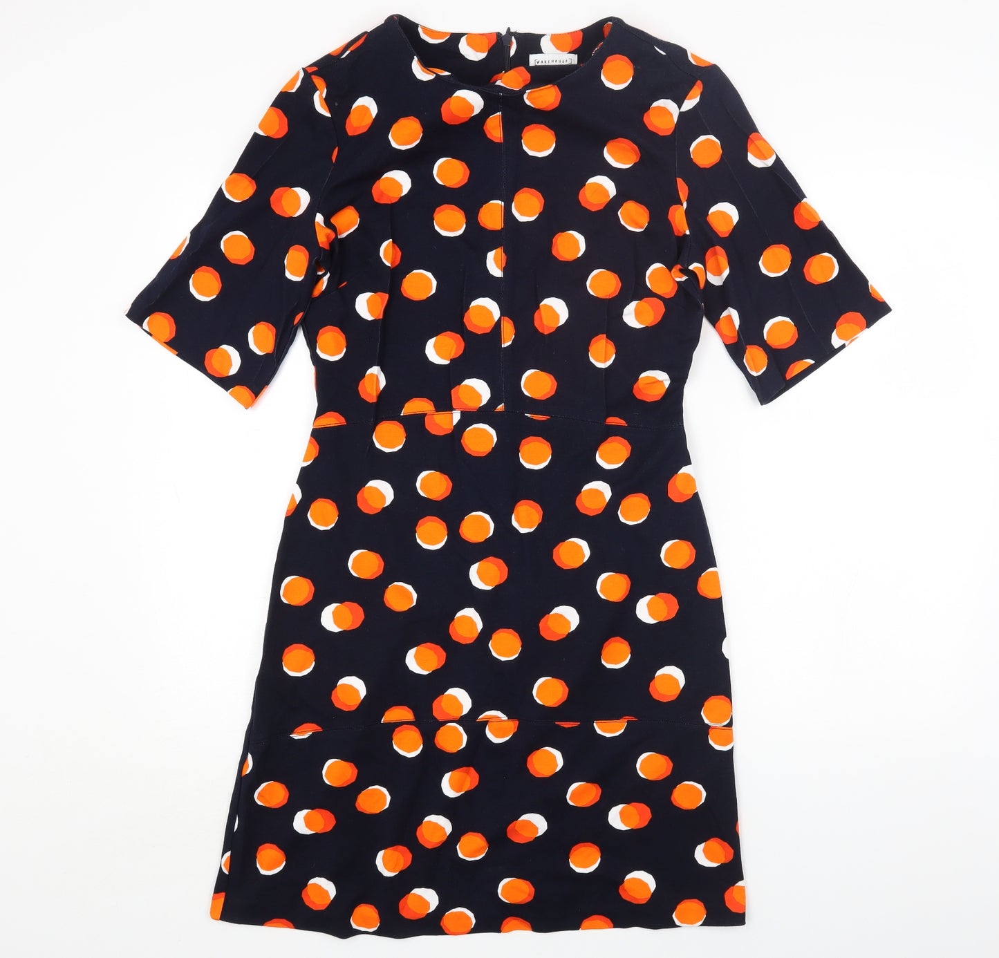 Warehouse Womens Black Polka Dot Viscose Fit & Flare Size 12 Round Neck Zip
