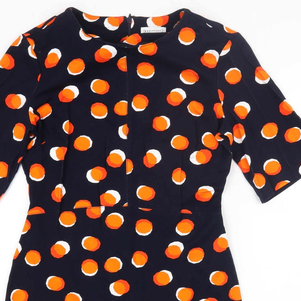 Warehouse Womens Black Polka Dot Viscose Fit & Flare Size 12 Round Neck Zip