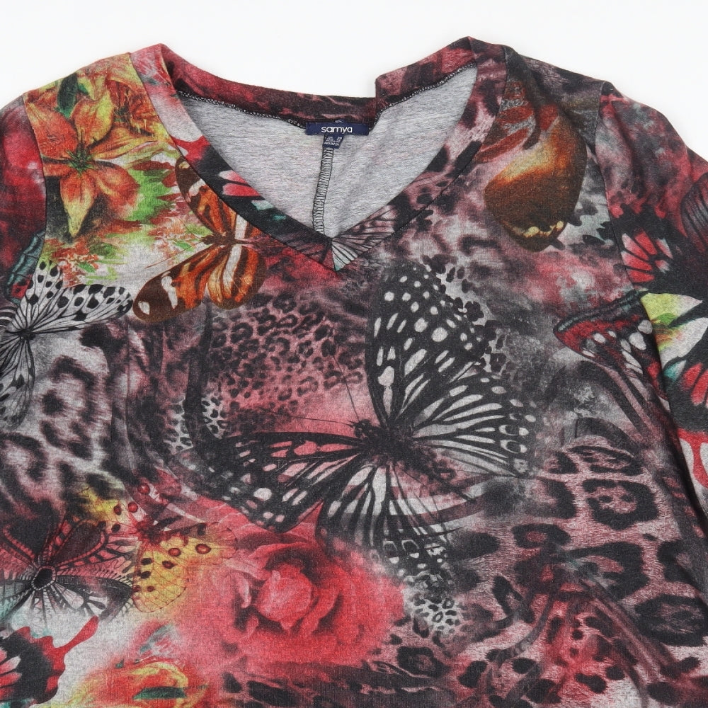 SAMYA Womens Multicoloured Geometric Polyester Basic T-Shirt Size 24 V-Neck