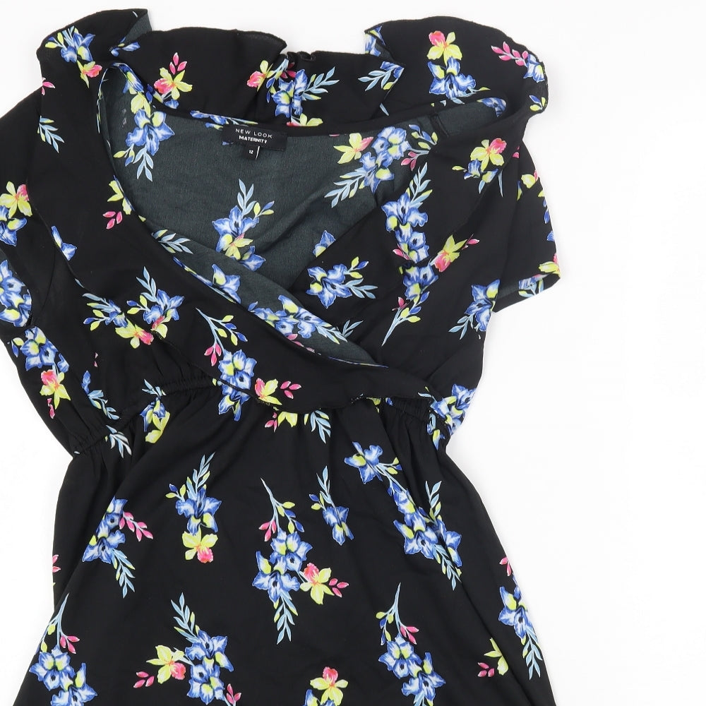 New Look Maternity Womens Black Floral Polyester Fit & Flare Size 12 V-Neck Pullover