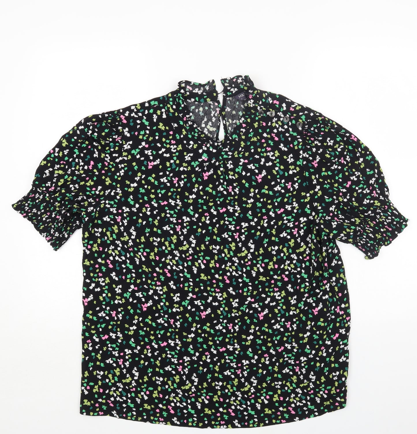 Marks and Spencer Womens Black Geometric Viscose Basic Blouse Size 16 Round Neck