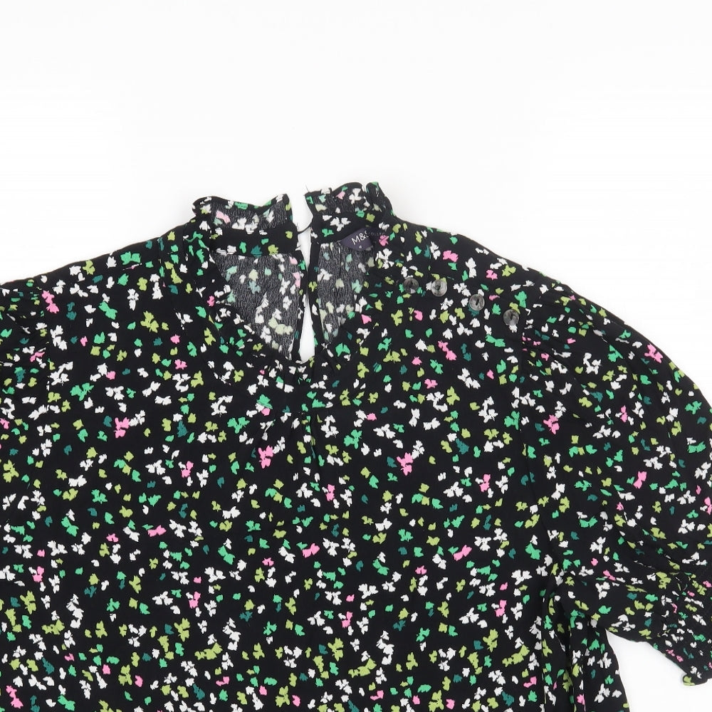 Marks and Spencer Womens Black Geometric Viscose Basic Blouse Size 16 Round Neck