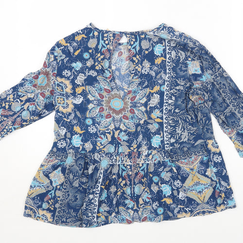 NEXT Womens Blue Geometric Viscose Basic Blouse Size 14 Round Neck