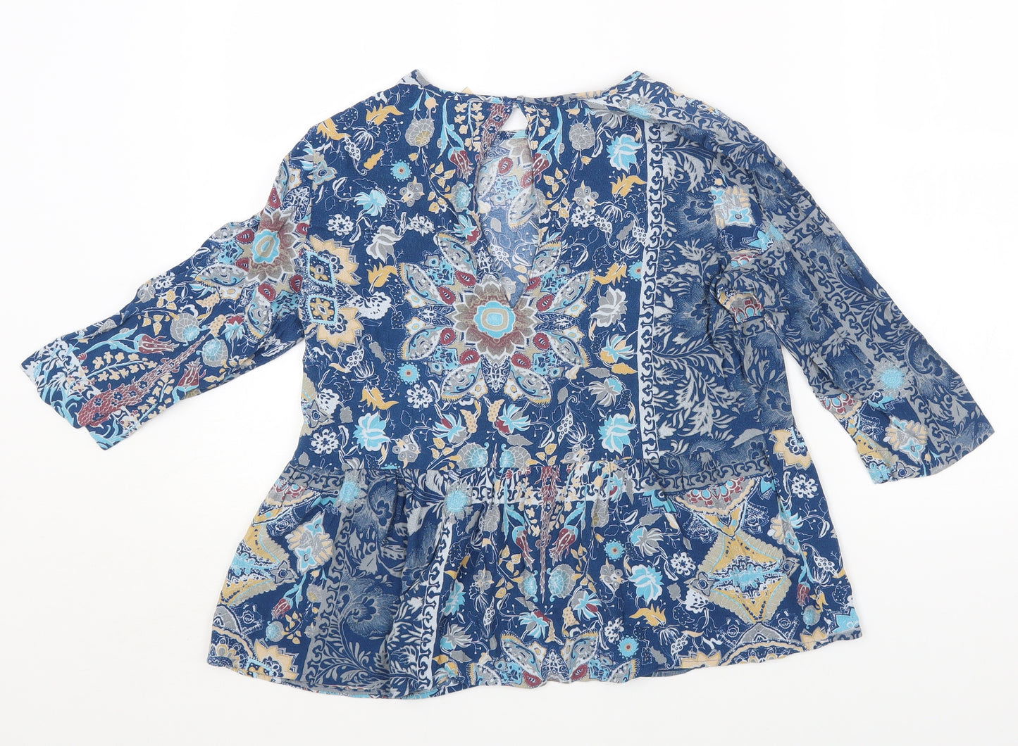 NEXT Womens Blue Geometric Viscose Basic Blouse Size 14 Round Neck