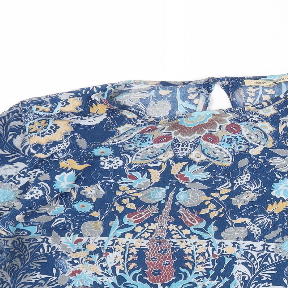 NEXT Womens Blue Geometric Viscose Basic Blouse Size 14 Round Neck