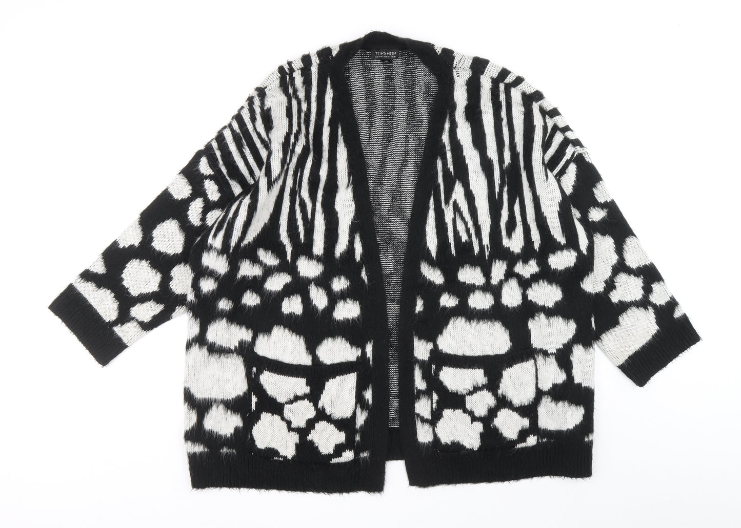 Topshop Womens Black V-Neck Animal Print Acrylic Cardigan Jumper Size M
