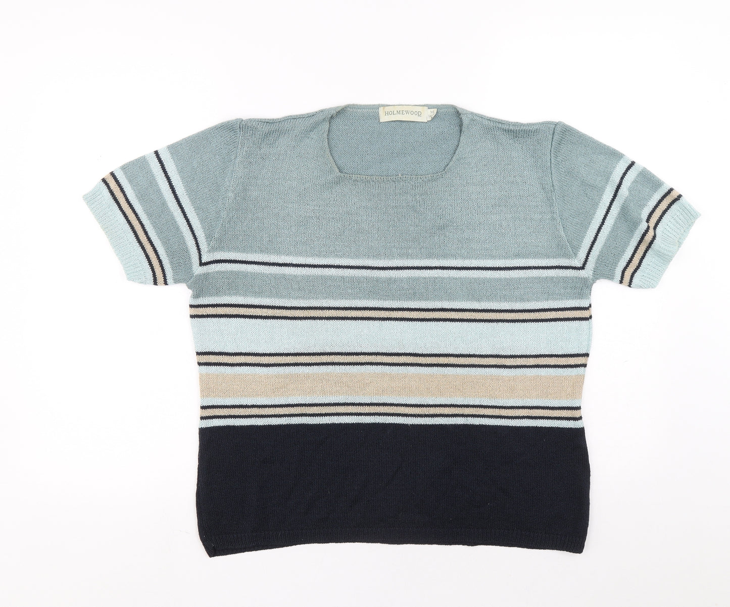 Holmewood Womens Blue Square Neck Striped Acrylic Pullover Jumper Size M