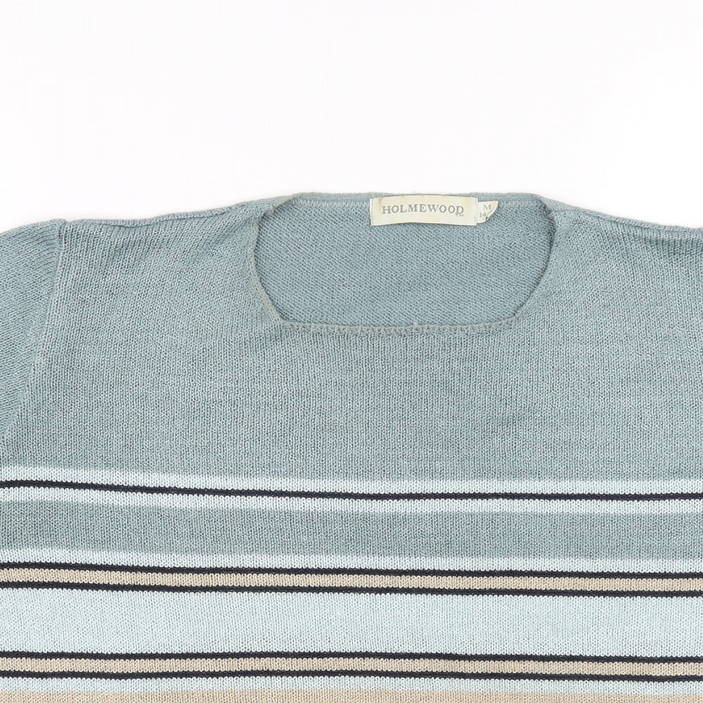 Holmewood Womens Blue Square Neck Striped Acrylic Pullover Jumper Size M