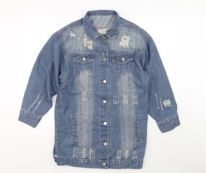 Preworn Mens Blue Cotton Button-Up Size M Collared Button - Distressed Look