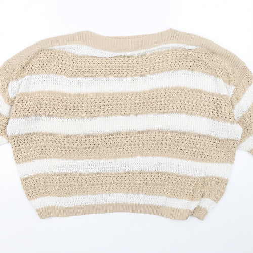 F&F Womens Beige Boat Neck Striped Acrylic Pullover Jumper Size 18