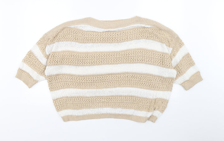 F&F Womens Beige Boat Neck Striped Acrylic Pullover Jumper Size 18