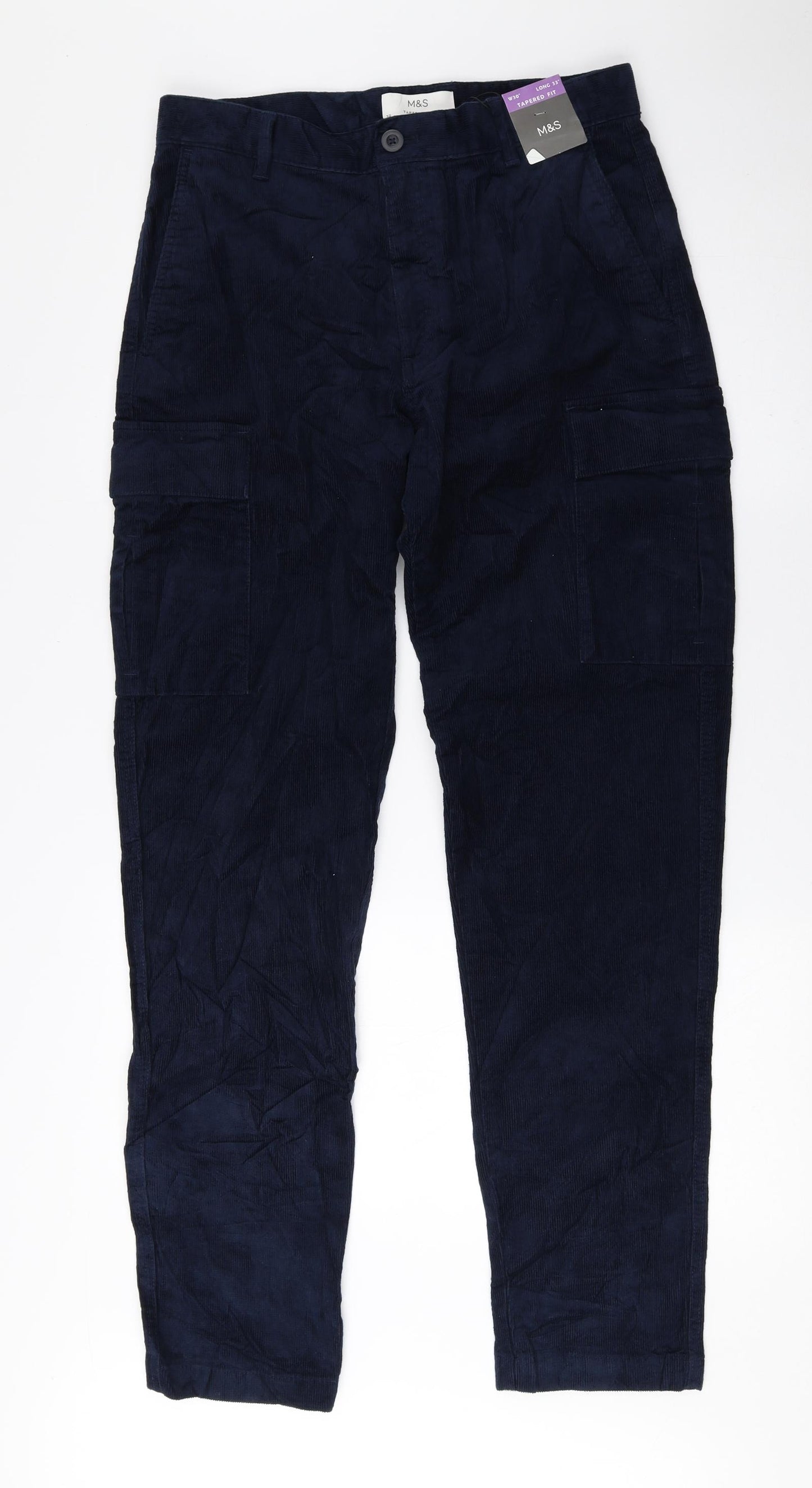 Marks and Spencer Mens Blue Cotton Cargo Trousers Size 30 L33 in Regular Zip