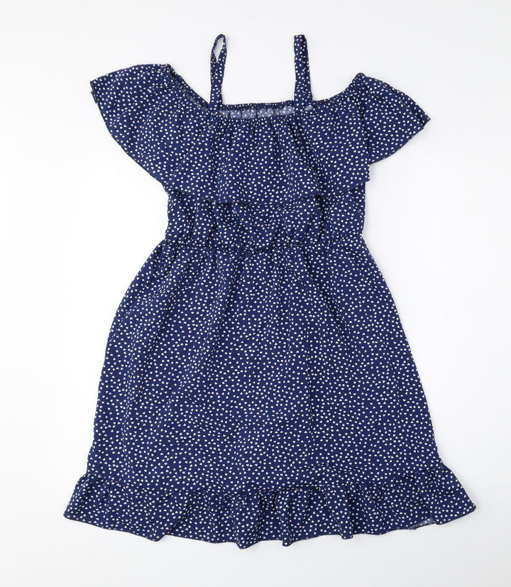 ROMWE Womens Blue Polka Dot Polyester Fit & Flare Size 8 Off the Shoulder Pullover