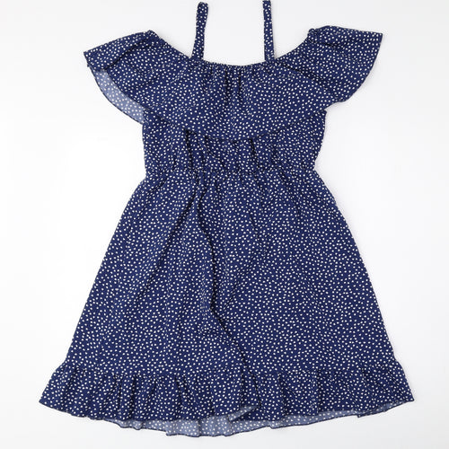 ROMWE Womens Blue Polka Dot Polyester Fit & Flare Size 8 Off the Shoulder Pullover