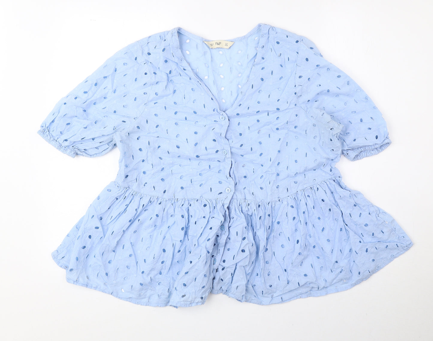 F&F Womens Blue 100% Cotton Basic Blouse Size 10 V-Neck