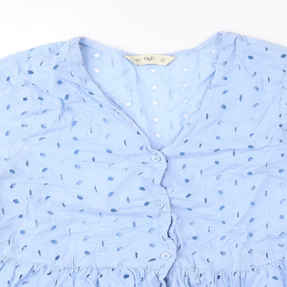 F&F Womens Blue 100% Cotton Basic Blouse Size 10 V-Neck