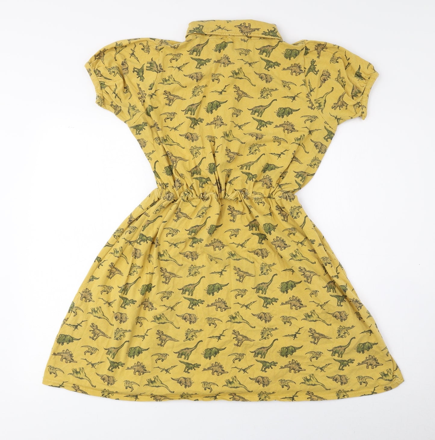 Run & Fly Womens Yellow Geometric Cotton T-Shirt Dress Size 14 Collared Button - Dinosaur
