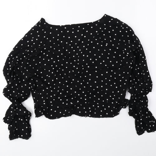 PRETTYLITTLETHING Womens Black Polka Dot Viscose Cropped Blouse Size 10 V-Neck - Ruched
