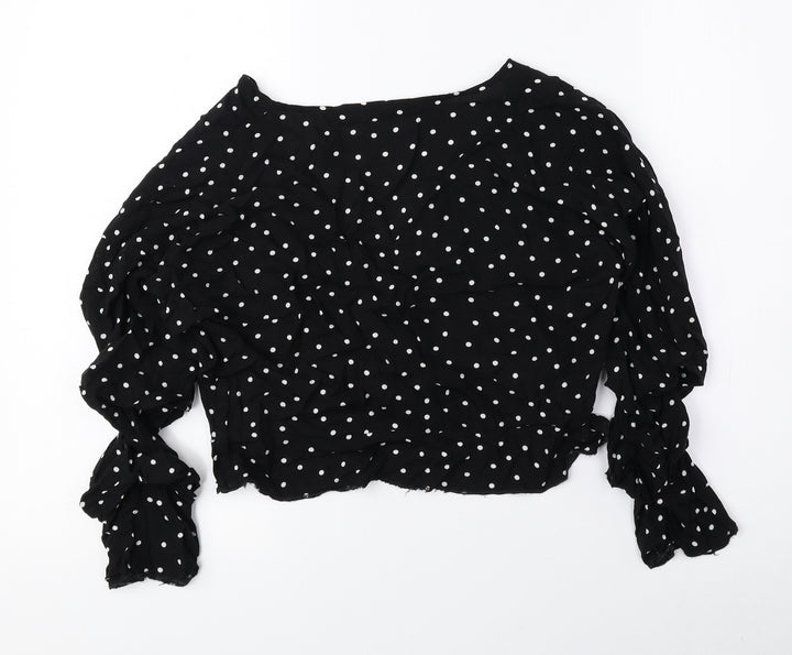 PRETTYLITTLETHING Womens Black Polka Dot Viscose Cropped Blouse Size 10 V-Neck - Ruched