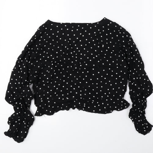 PRETTYLITTLETHING Womens Black Polka Dot Viscose Cropped Blouse Size 10 V-Neck - Ruched