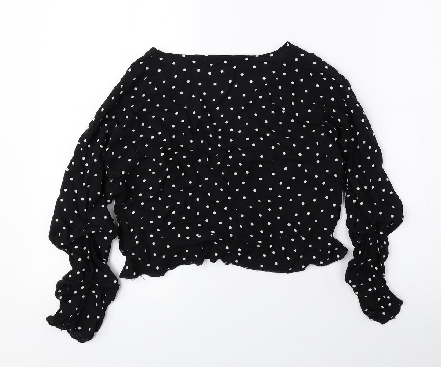 PRETTYLITTLETHING Womens Black Polka Dot Viscose Cropped Blouse Size 10 V-Neck - Ruched