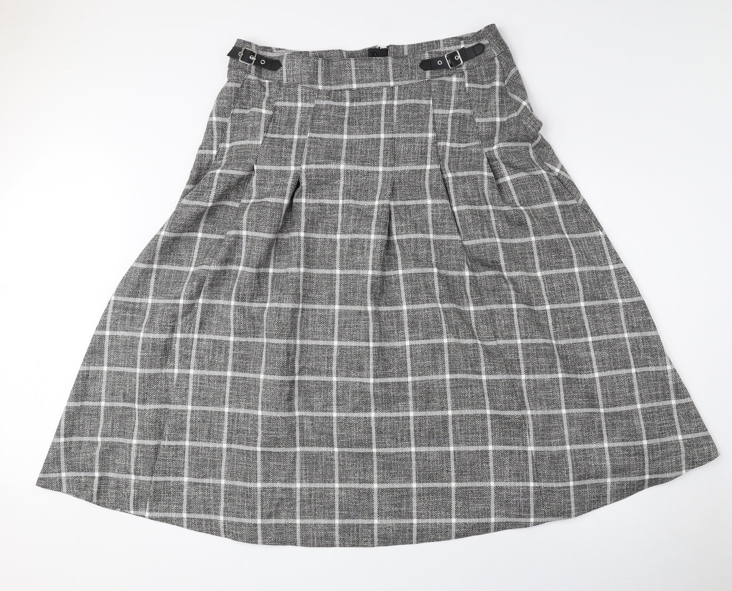 Marks and Spencer Womens Grey Check Polyester Flare Skirt Size 18 Zip