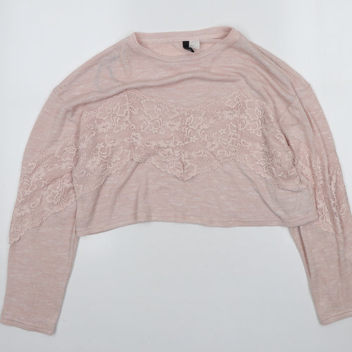 H&M Womens Pink Round Neck Polyester Pullover Jumper Size S - Lace detail