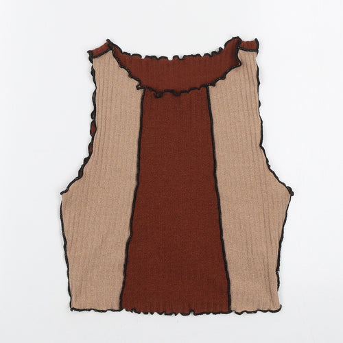 SheIn Womens Brown Colourblock Polyester Basic Tank Size XS Boat Neck