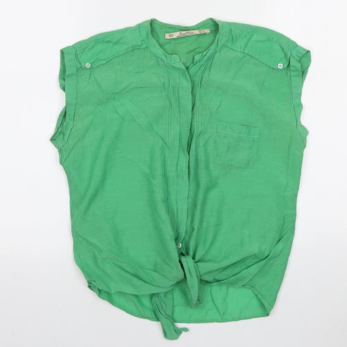 Leara Woman Womens Green Polyester Basic Button-Up Size M Round Neck - Knot detail