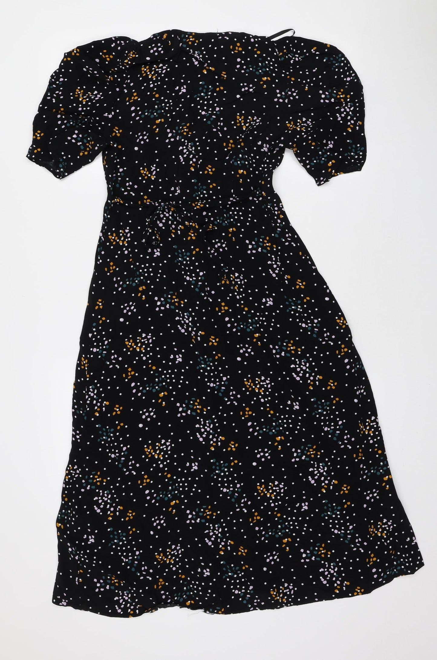 Primark Womens Black Geometric Viscose Fit & Flare Size 10 V-Neck Button