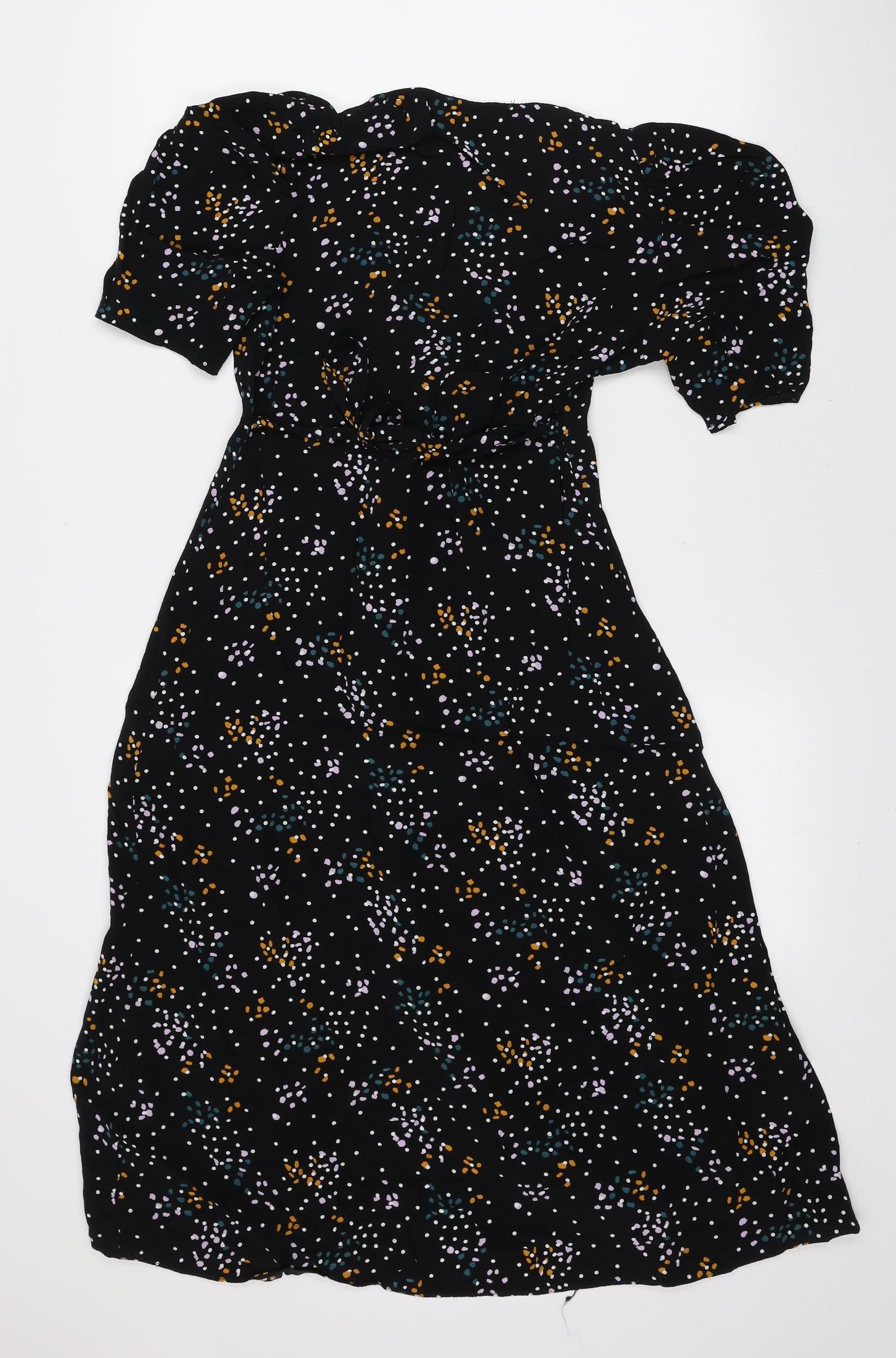 Primark Womens Black Geometric Viscose Fit & Flare Size 10 V-Neck Button