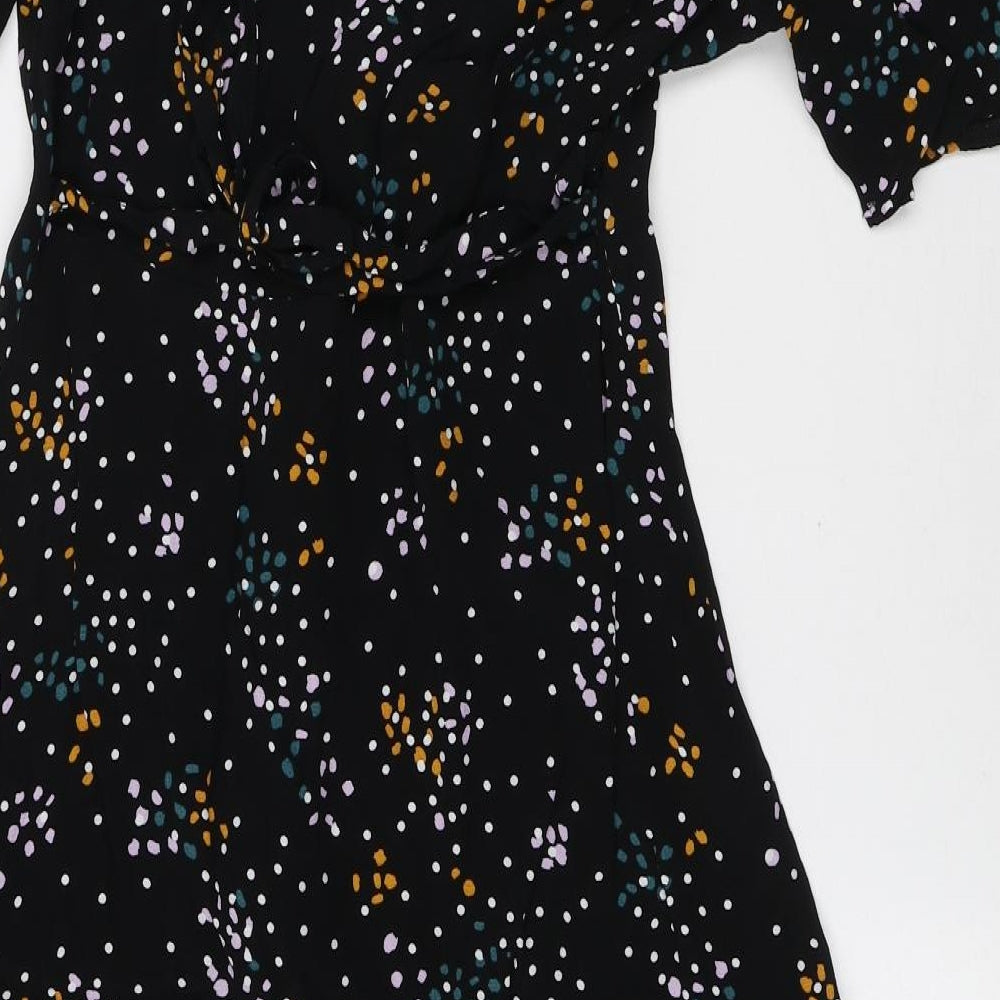 Primark Womens Black Geometric Viscose Fit & Flare Size 10 V-Neck Button